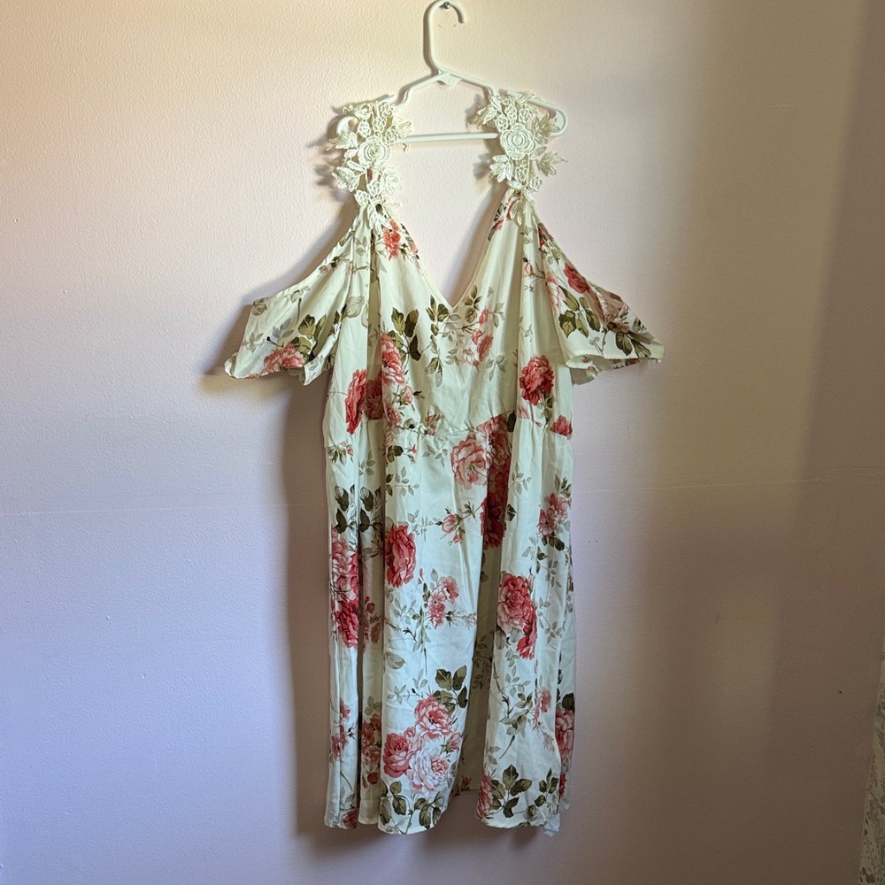 SHEIN Floral Cold Shoulder Dress - White and Pink